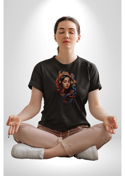 Müzik Dinleyen Kulaklık Yaprak Saçlı Renkli Kadın Erkek Unisex Siyah Organik Baskılı T-Shirt Penye Yüksek Kalite