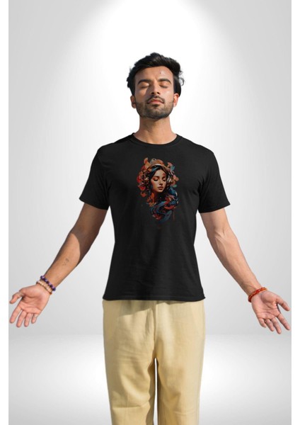 Müzik Dinleyen Kulaklık Yaprak Saçlı Renkli Kadın Erkek Unisex Siyah Organik Baskılı T-Shirt Penye Yüksek Kalite modelleri