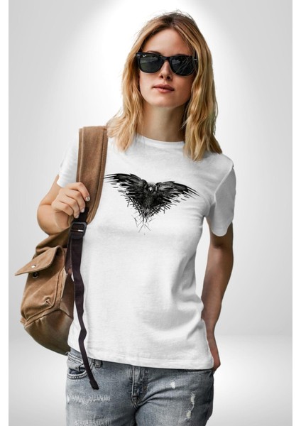 3 Gözlü Kuzgun Kadın Erkek Unisex Beyaz Organik Baskılı T-Shirt Penye Yüksek Kalite fiyatları