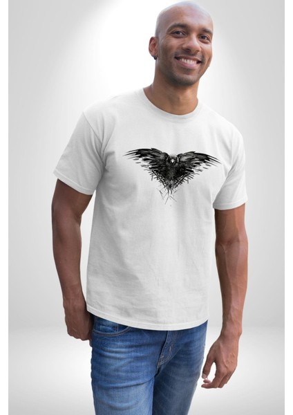 3 Gözlü Kuzgun Kadın Erkek Unisex Beyaz Organik Baskılı T-Shirt Penye Yüksek Kalite modelleri