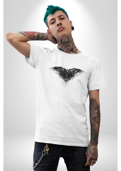 3 Gözlü Kuzgun Kadın Erkek Unisex Beyaz Organik Baskılı T-Shirt Penye Yüksek Kalite indirimleri