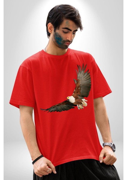 Kartal Özgürlük Pamuklu Bisiklet Yaka Kadın Erkek Oversize Boyfriend Dijital Baskılı Kırmızı T-Shirt