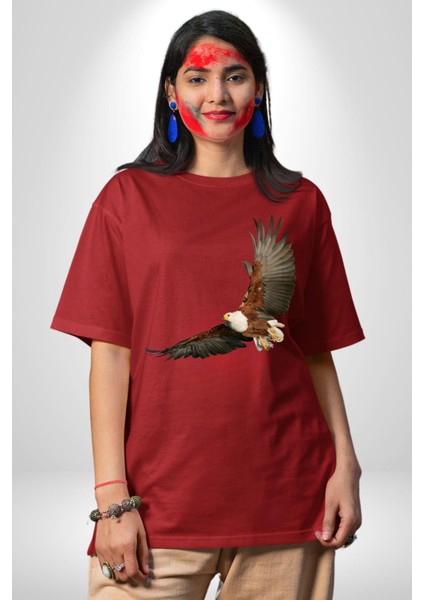 Kartal Özgürlük Pamuklu Bisiklet Yaka Kadın Erkek Oversize Boyfriend Dijital Baskılı Kırmızı T-Shirt
