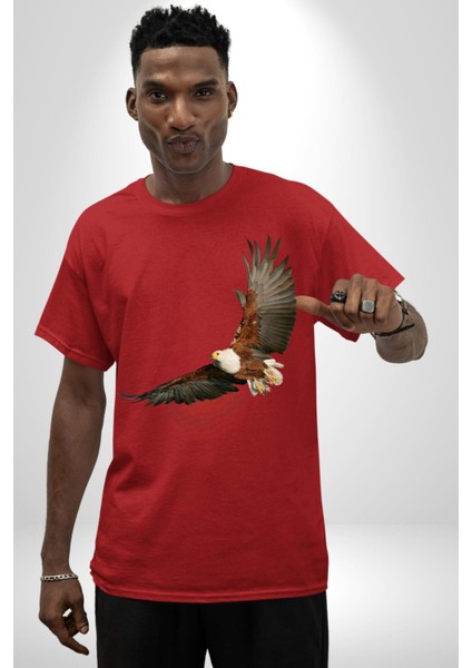 Kartal Özgürlük Pamuklu Bisiklet Yaka Kadın Erkek Oversize Boyfriend Dijital Baskılı Kırmızı T-Shirt