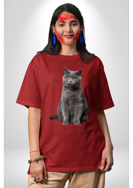 British Shorthair Kedi Pamuklu Bisiklet Yaka Kadın Erkek Oversize Boyfriend Dijital Baskılı Kırmızı T-Shirt