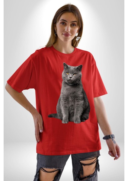 British Shorthair Kedi Pamuklu Bisiklet Yaka Kadın Erkek Oversize Boyfriend Dijital Baskılı Kırmızı T-Shirt modelleri