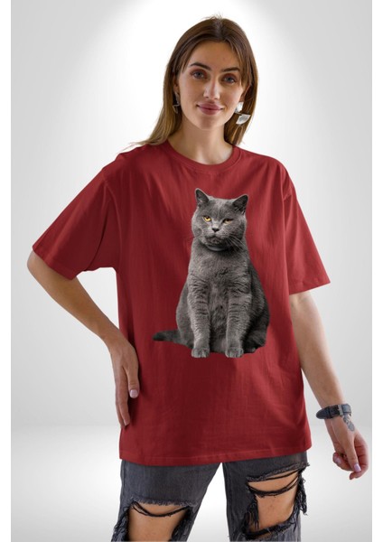 British Shorthair Kedi Pamuklu Bisiklet Yaka Kadın Erkek Oversize Boyfriend Dijital Baskılı Kırmızı T-Shirt indirimleri