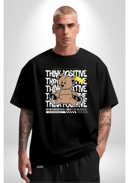 Positive Düşünce Pamuklu Bisiklet Yaka Kadın Erkek Oversize Boyfriend Dijital Baskılı Siyah T-Shirt
