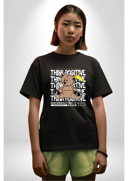 Positive Düşünce Pamuklu Bisiklet Yaka Kadın Erkek Oversize Boyfriend Dijital Baskılı Siyah T-Shirt