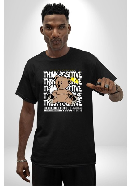 Positive Düşünce Pamuklu Bisiklet Yaka Kadın Erkek Oversize Boyfriend Dijital Baskılı Siyah T-Shirt