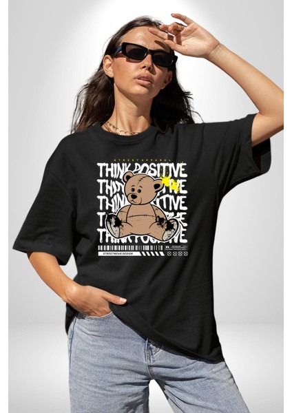 Positive Düşünce Pamuklu Bisiklet Yaka Kadın Erkek Oversize Boyfriend Dijital Baskılı Siyah T-Shirt