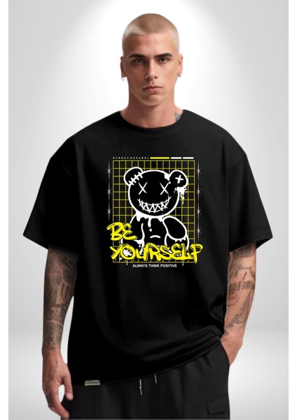 Kendin Ol Pamuklu Bisiklet Yaka Kadın Erkek Oversize Boyfriend Dijital Baskılı Siyah T-Shirt