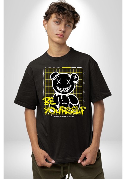 Kendin Ol Pamuklu Bisiklet Yaka Kadın Erkek Oversize Boyfriend Dijital Baskılı Siyah T-Shirt indirimleri