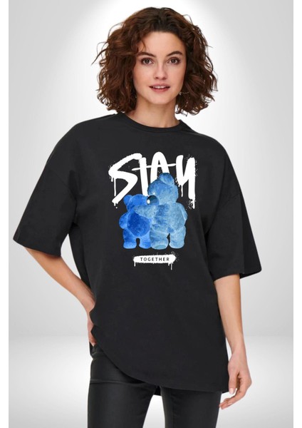 Birlikte Kal Pamuklu Bisiklet Yaka Kadın Erkek Oversize Boyfriend Dijital Baskılı Siyah T-Shirt