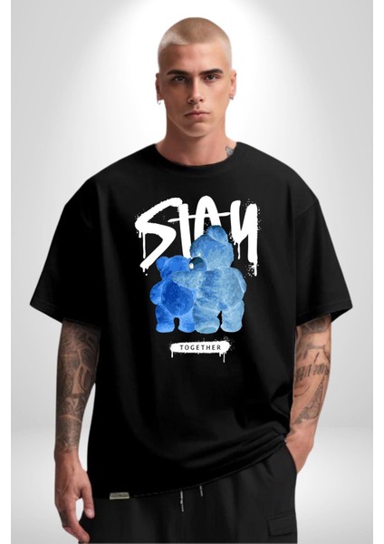 Birlikte Kal Pamuklu Bisiklet Yaka Kadın Erkek Oversize Boyfriend Dijital Baskılı Siyah T-Shirt fiyatları