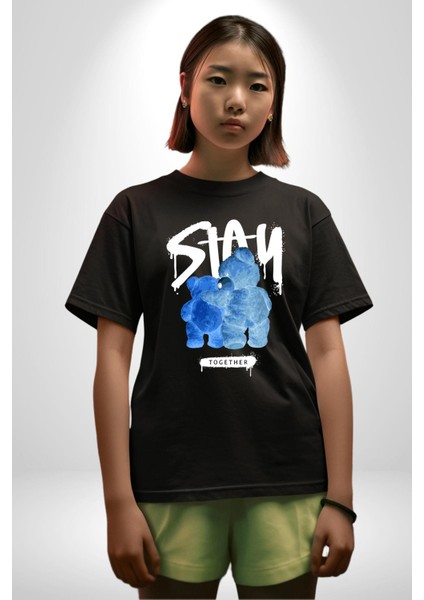 Birlikte Kal Pamuklu Bisiklet Yaka Kadın Erkek Oversize Boyfriend Dijital Baskılı Siyah T-Shirt modelleri