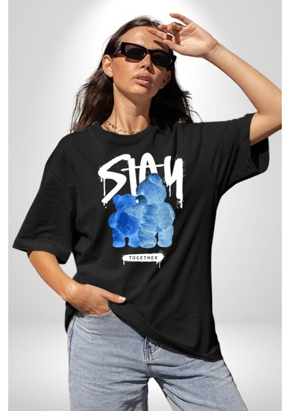 Birlikte Kal Pamuklu Bisiklet Yaka Kadın Erkek Oversize Boyfriend Dijital Baskılı Siyah T-Shirt indirimleri