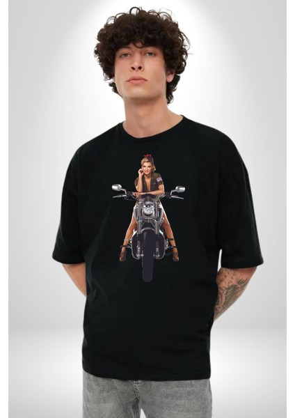 Motosiklet Kadın Pamuklu Bisiklet Yaka Kadın Erkek Oversize Boyfriend Dijital Baskılı Siyah T-Shirt