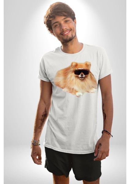 Pomernian Köpek Kadın Erkek Unisex Beyaz Organik Baskılı T-Shirt Penye Yüksek Kalite