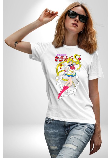 Sailor Moon Anime Usagi Tsukino Kadın Erkek Unisex Beyaz Organik Baskılı T-Shirt Penye Yüksek Kalite
