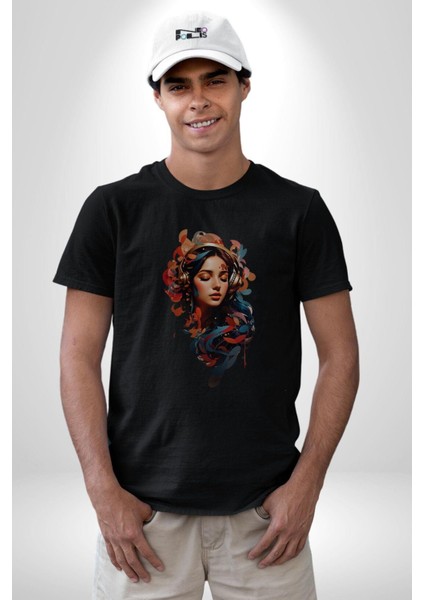 Müzik Dinleyen Kulaklık Yaprak Saçlı Renkli Kadın Erkek Unisex Siyah Organik Baskılı T-Shirt Penye Yüksek Kalite indirimleri