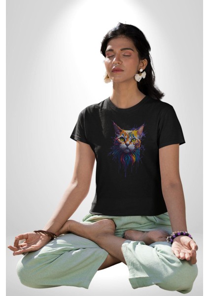 Şimşek Yağmur Kedi Kadın Erkek Unisex Siyah Organik Baskılı T-Shirt Penye Yüksek Kalite