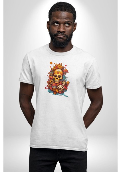 Renkli Kurukafa Hippi Kadın Erkek Unisex Beyaz Organik Baskılı T-Shirt Penye Yüksek Kalite