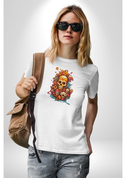 Renkli Kurukafa Hippi Kadın Erkek Unisex Beyaz Organik Baskılı T-Shirt Penye Yüksek Kalite fiyatları