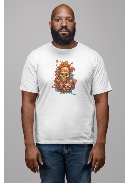 Renkli Kurukafa Hippi Kadın Erkek Unisex Beyaz Organik Baskılı T-Shirt Penye Yüksek Kalite modelleri