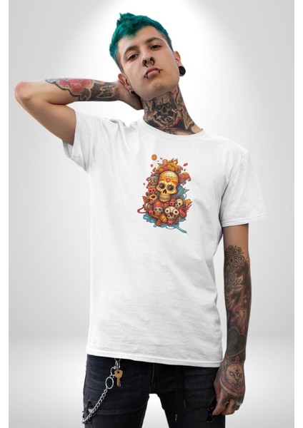 Renkli Kurukafa Hippi Kadın Erkek Unisex Beyaz Organik Baskılı T-Shirt Penye Yüksek Kalite fırsatları