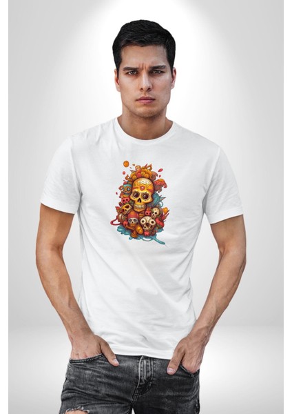 Renkli Kurukafa Hippi Kadın Erkek Unisex Beyaz Organik Baskılı T-Shirt Penye Yüksek Kalite indirimleri
