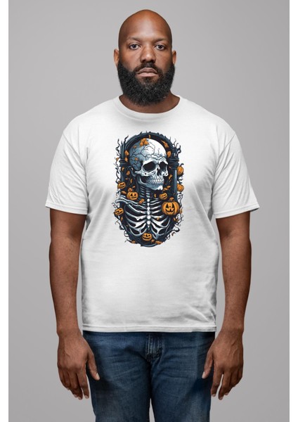 Cadılar Bayramı Kuru Kafa Kadın Erkek Unisex Beyaz Organik Baskılı T-Shirt Penye Yüksek Kalite