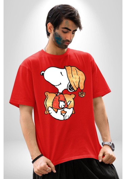 Yastık Uyku Uyku Tulumu Pamuklu Bisiklet Yaka Kadın Erkek Oversize Boyfriend Dijital Baskılı Kırmızı T-Shirt