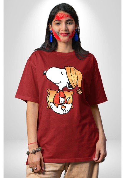 Yastık Uyku Uyku Tulumu Pamuklu Bisiklet Yaka Kadın Erkek Oversize Boyfriend Dijital Baskılı Kırmızı T-Shirt