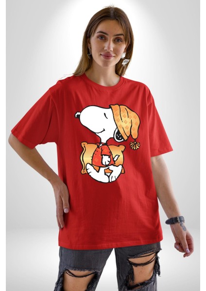 Yastık Uyku Uyku Tulumu Pamuklu Bisiklet Yaka Kadın Erkek Oversize Boyfriend Dijital Baskılı Kırmızı T-Shirt