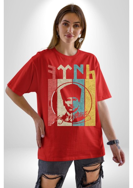 Atatürk Imzalı Türk Logo Pamuklu Bisiklet Yaka Kadın Erkek Oversize Boyfriend Dijital Baskılı Kırmızı T-Shirt fiyatları