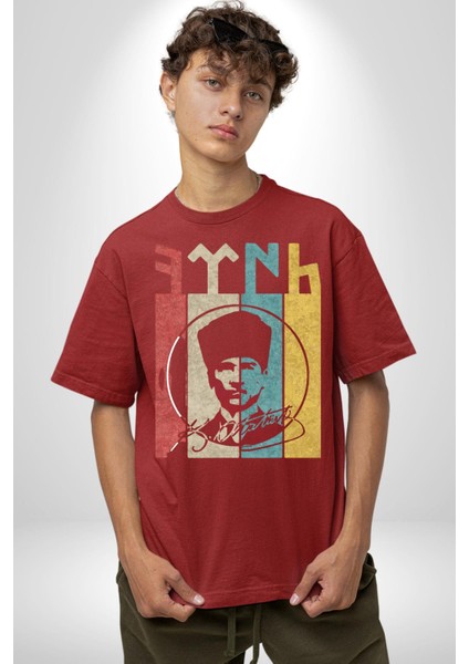 Atatürk Imzalı Türk Logo Pamuklu Bisiklet Yaka Kadın Erkek Oversize Boyfriend Dijital Baskılı Kırmızı T-Shirt modelleri