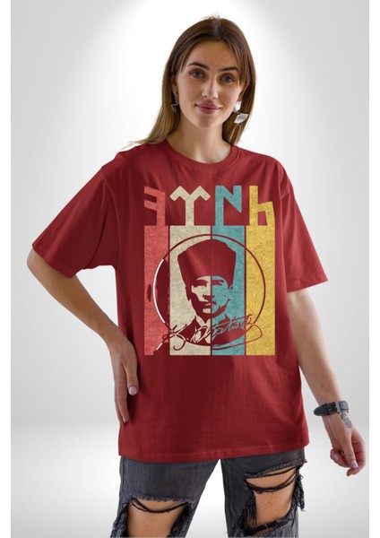 Atatürk Imzalı Türk Logo Pamuklu Bisiklet Yaka Kadın Erkek Oversize Boyfriend Dijital Baskılı Kırmızı T-Shirt fırsatları