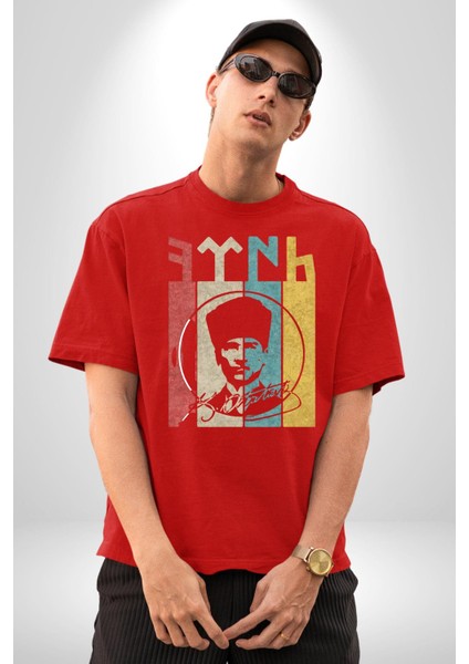 Atatürk Imzalı Türk Logo Pamuklu Bisiklet Yaka Kadın Erkek Oversize Boyfriend Dijital Baskılı Kırmızı T-Shirt indirimleri
