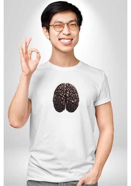 Kuru Kahve Çekirdeği Beyin Kadın Erkek Unisex Beyaz Organik Baskılı T-Shirt Penye Yüksek Kalite