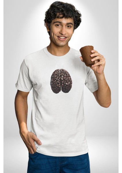 Kuru Kahve Çekirdeği Beyin Kadın Erkek Unisex Beyaz Organik Baskılı T-Shirt Penye Yüksek Kalite