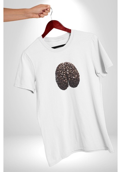 Kuru Kahve Çekirdeği Beyin Kadın Erkek Unisex Beyaz Organik Baskılı T-Shirt Penye Yüksek Kalite
