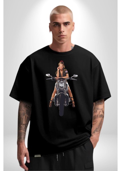 Motosiklet Kadın Pamuklu Bisiklet Yaka Kadın Erkek Oversize Boyfriend Dijital Baskılı Siyah T-Shirt modelleri
