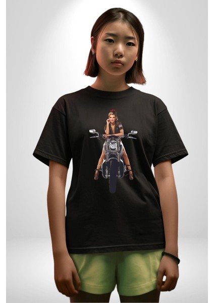 Motosiklet Kadın Pamuklu Bisiklet Yaka Kadın Erkek Oversize Boyfriend Dijital Baskılı Siyah T-Shirt fırsatları
