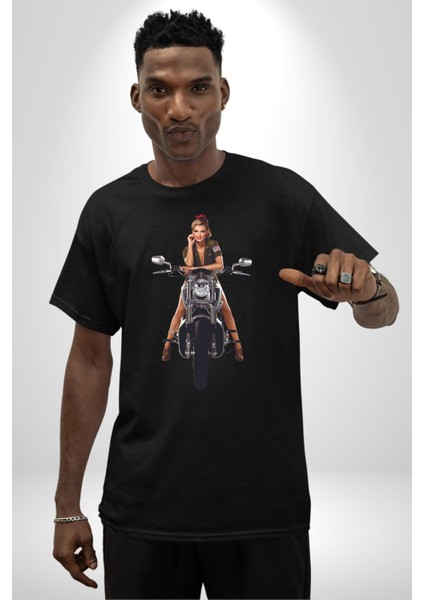 Motosiklet Kadın Pamuklu Bisiklet Yaka Kadın Erkek Oversize Boyfriend Dijital Baskılı Siyah T-Shirt indirimleri