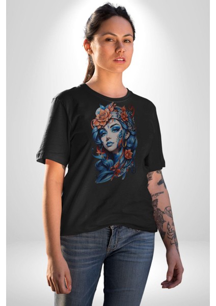 Kızlar Modası Dövme Çiçek Kadın Erkek Unisex Siyah Organik Baskılı T-Shirt Penye Yüksek Kalite