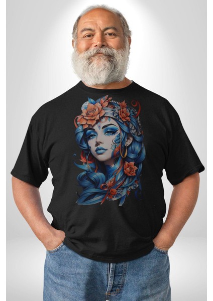 Kızlar Modası Dövme Çiçek Kadın Erkek Unisex Siyah Organik Baskılı T-Shirt Penye Yüksek Kalite fırsatları