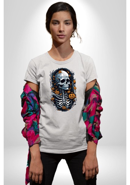 Cadılar Bayramı Kuru Kafa Kadın Erkek Unisex Beyaz Organik Baskılı T-Shirt Penye Yüksek Kalite