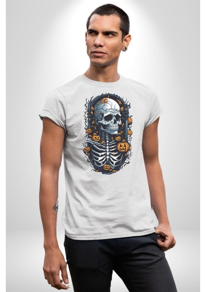 Cadılar Bayramı Kuru Kafa Kadın Erkek Unisex Beyaz Organik Baskılı T-Shirt Penye Yüksek Kalite
