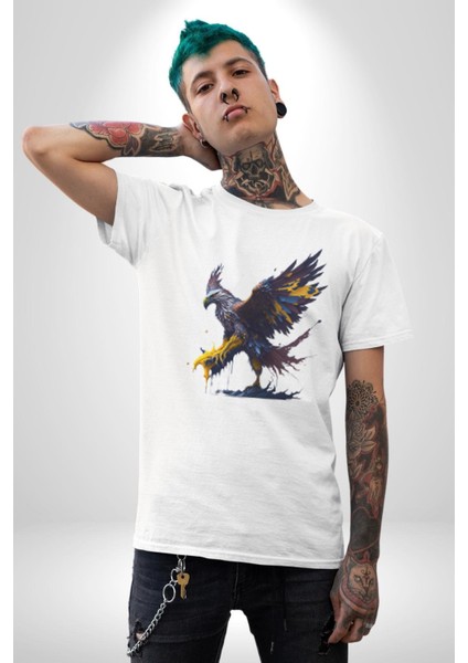Kara Kartal Sulu Boya Kadın Erkek Unisex Beyaz Organik Baskılı T-Shirt Penye Yüksek Kalite